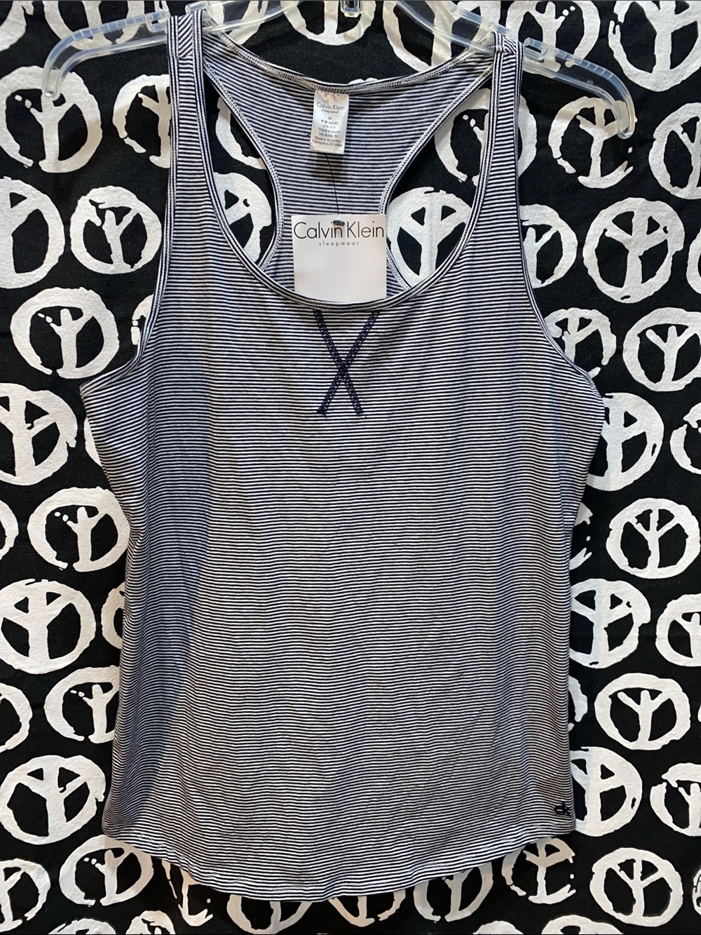NWT Calvin Klein Navy and White Micro-Striped Racerback Tank SZ M